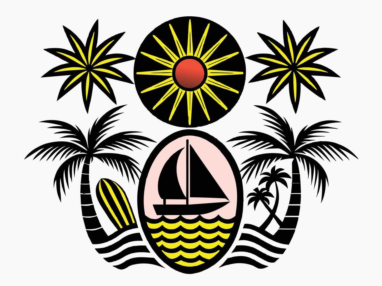 logos with palm trees, suns, waves, and sunset imagery clean shape vector
