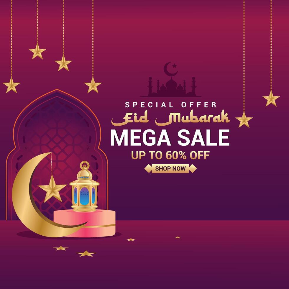 Eid Mubarak Mega Sale. Get up to 60 percent off. Beautiful web banner with Arabian lanterns, crescent moon, and a vibrant colorful background. Shop your favorites now. vector