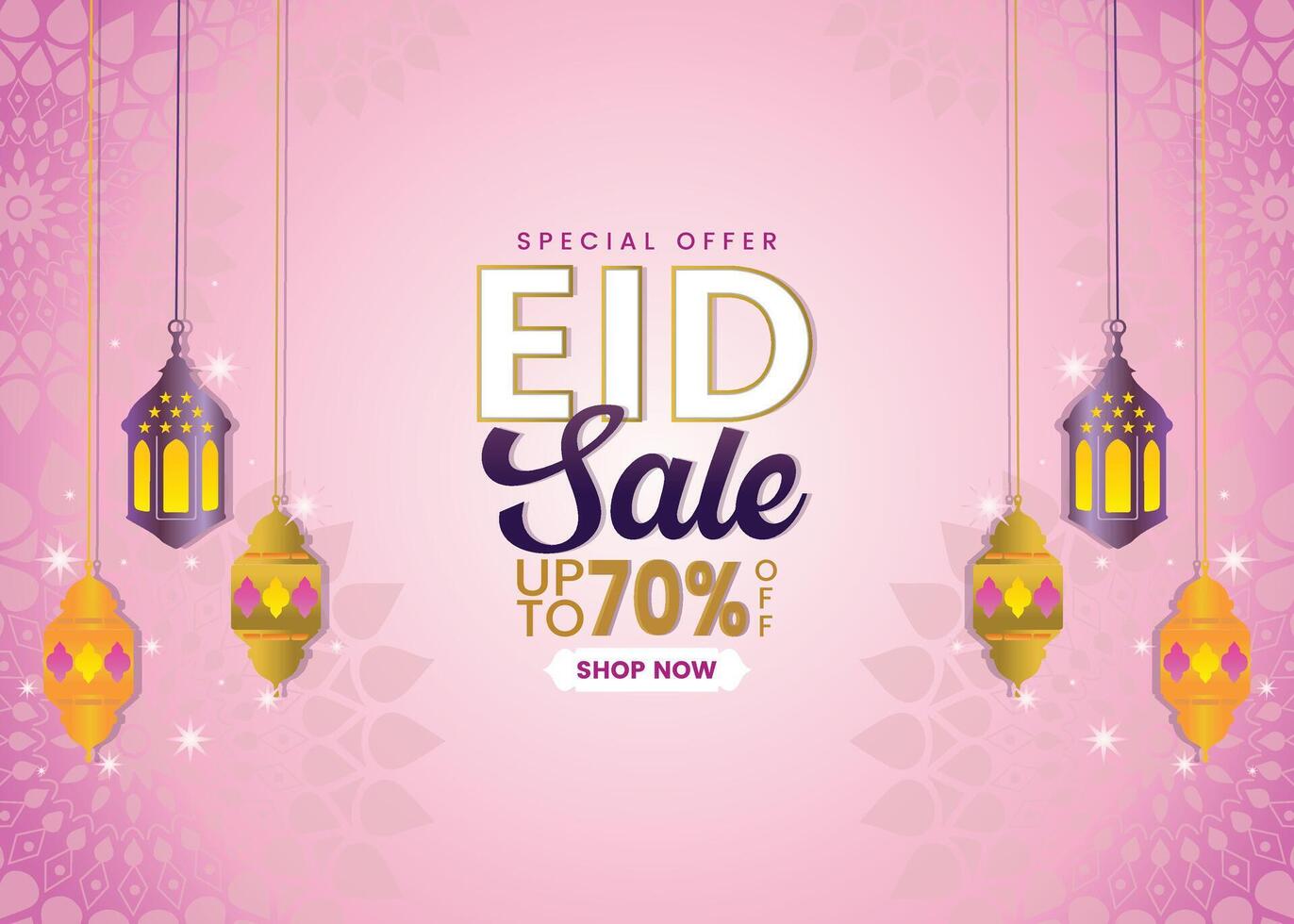 Eid sale, web header or banner design with arabian lanterns, crescent moon, and up to 70 percent discount offers on color background. vector