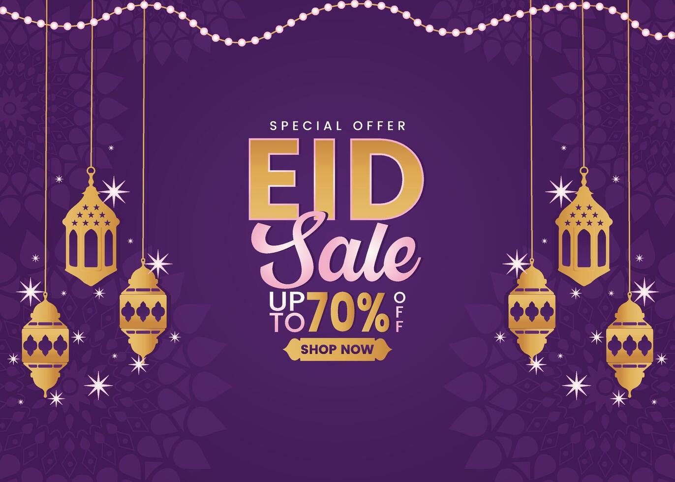Celebrate Eid with our exclusive sale. Up to 70 percent off on your favorite items features Arabian lanterns, a crescent moon, and a vibrant colorful background. Shop now. vector