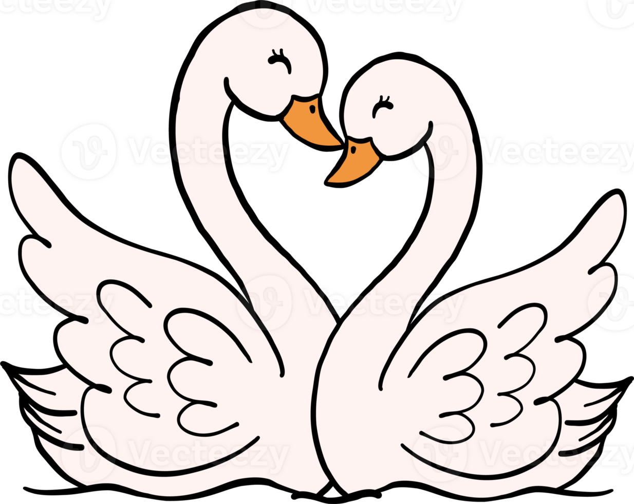 Retro Love Swans with Red Bow in love Doodle Hand Drawn png