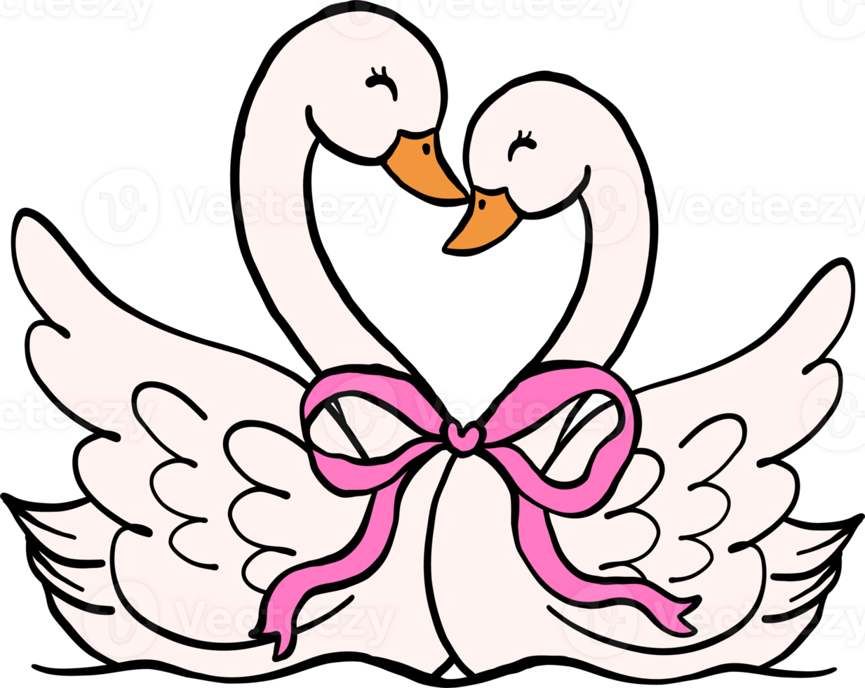 Coquette Lovebirds Swans with Pink Bow Doodle Hand Drawn png