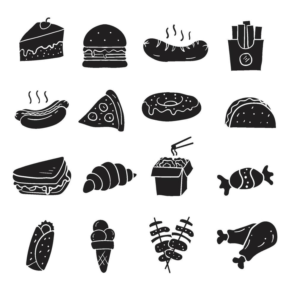 fast food icons set black and white illustration vector