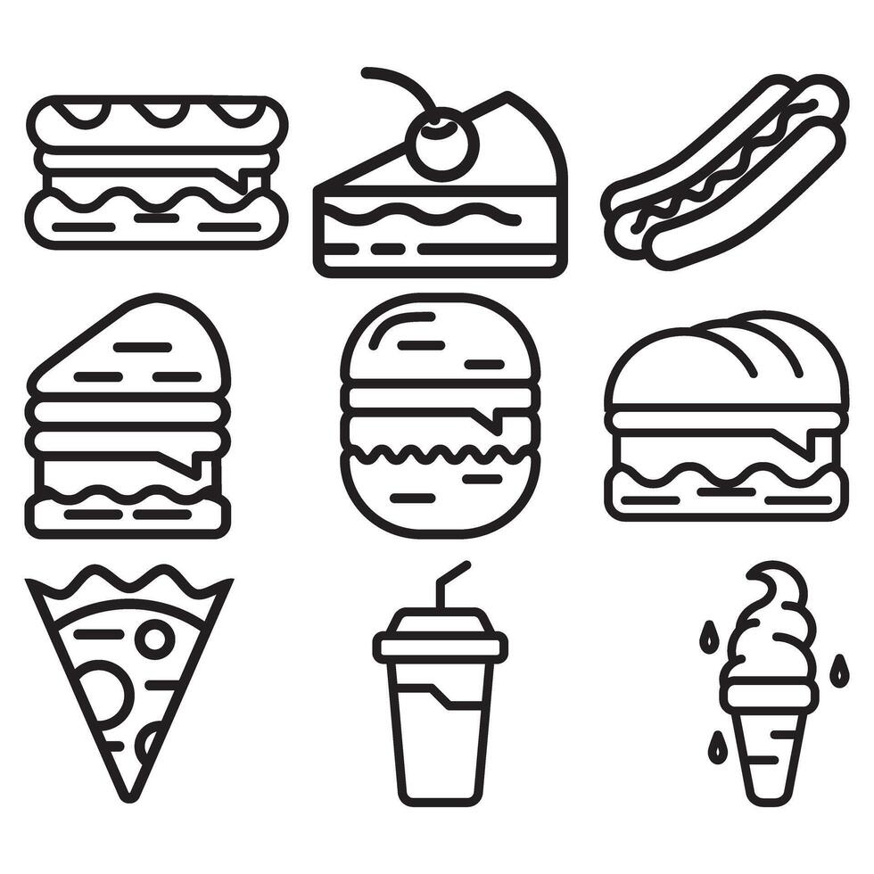 fast food icons set, line style vector