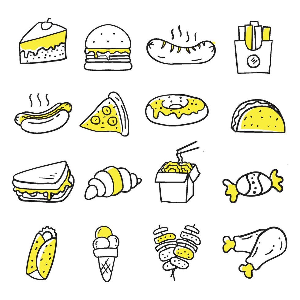 a set of food icons in yellow and black vector