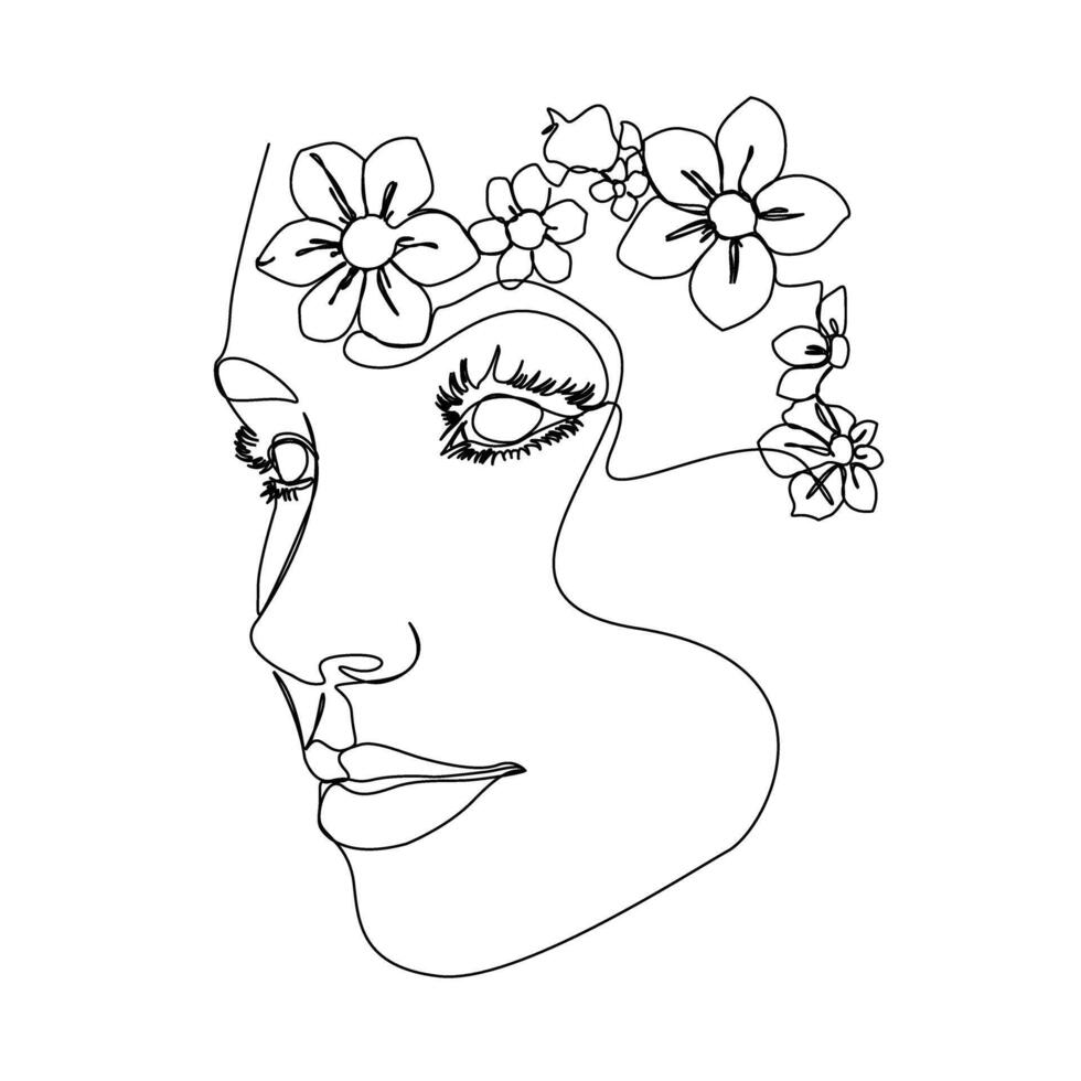 Woman's face in continuous line art, merged with flowers, maintaining simplicity and elegance. vector