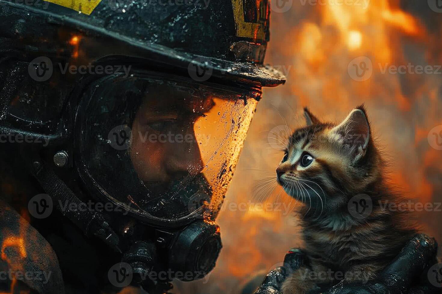 A firefighter in protective gear holds a frightened kitten close while navigating through a raging fire. The intensity of the flames highlights the emotional bond between them photo