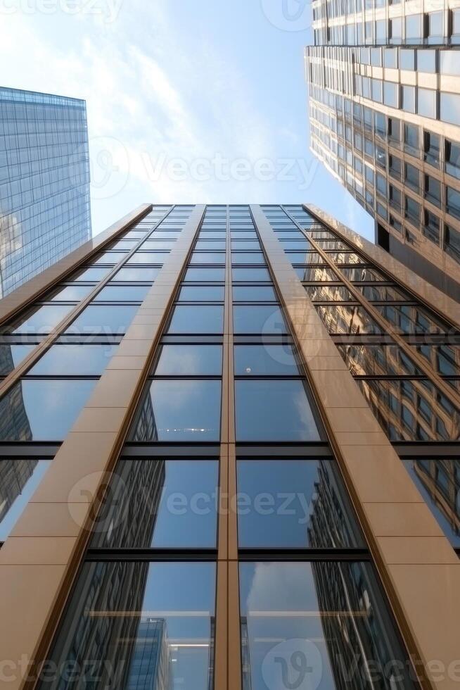 Looking up at a modern skyscraper with sleek glass windows reflecting neighboring buildings against a bright blue sky during midday. The urban landscape showcases architectural design. photo