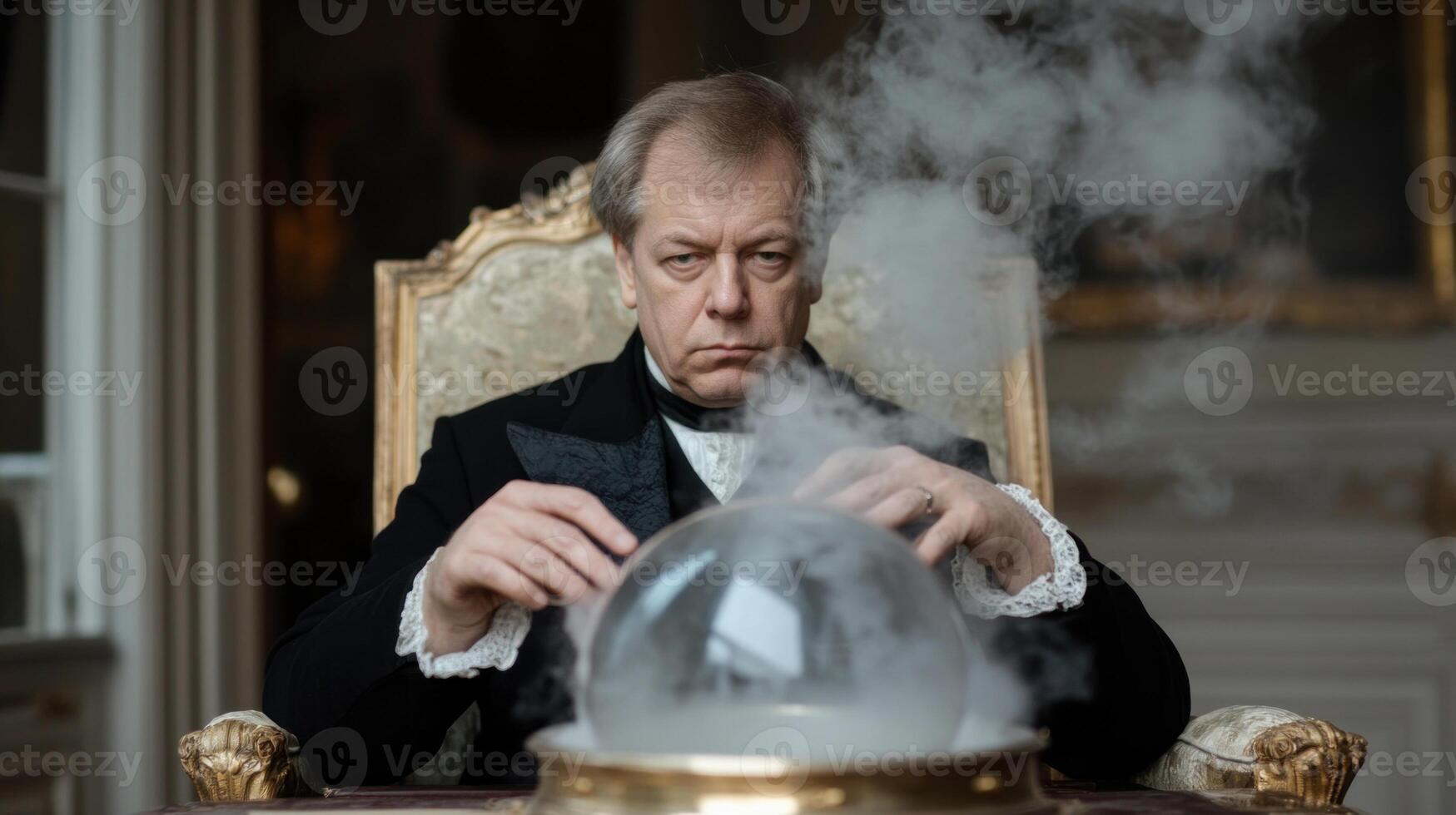 A sorcerer sits at an ornate table, intricately dressed and focused on a glowing orb surrounded by smoke. The rich decor highlights the magical atmosphere of smoke and mirrors day photo