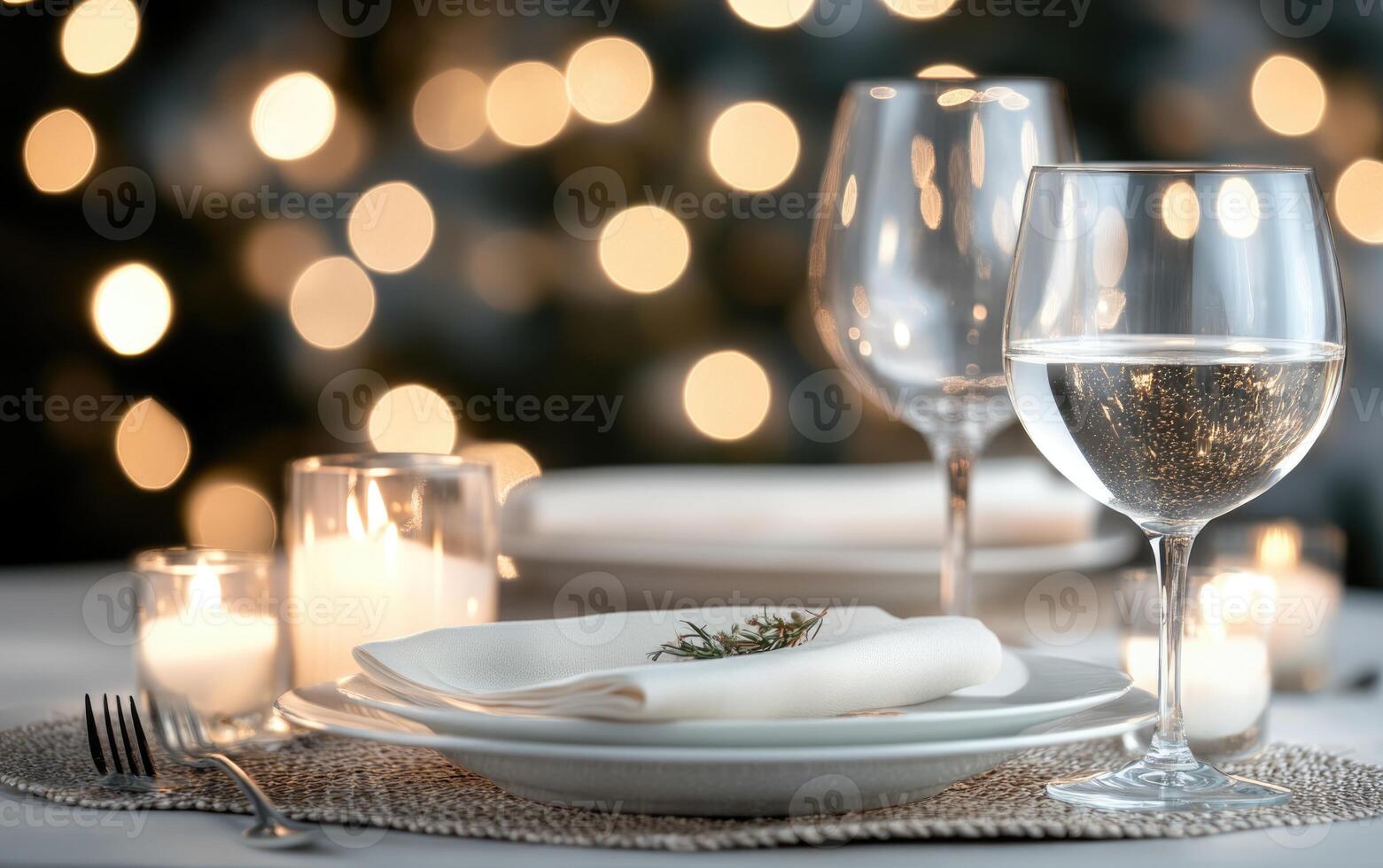 A beautifully arranged dinner table features pristine plates and sparkling glassware. Soft candlelight creates a warm atmosphere, enhancing the delightful dining experience photo