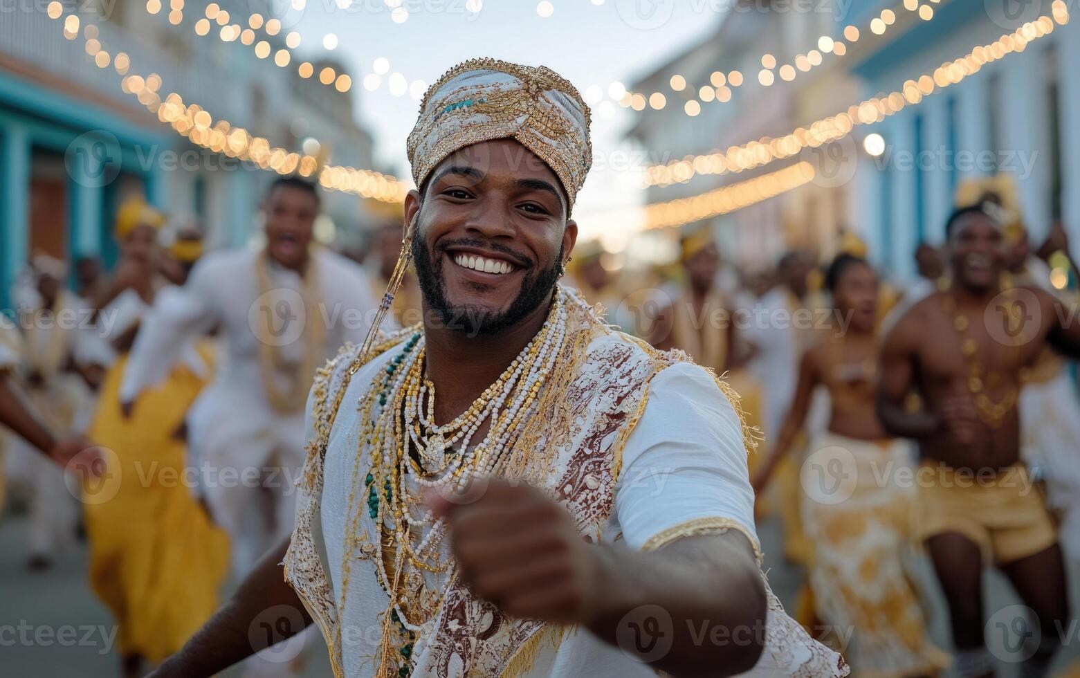 A lively parade unfolds in the streets, filled with spirited dancers adorned in bright attire. People celebrate joyfully under enchanting lights as music fills the atmosphere photo