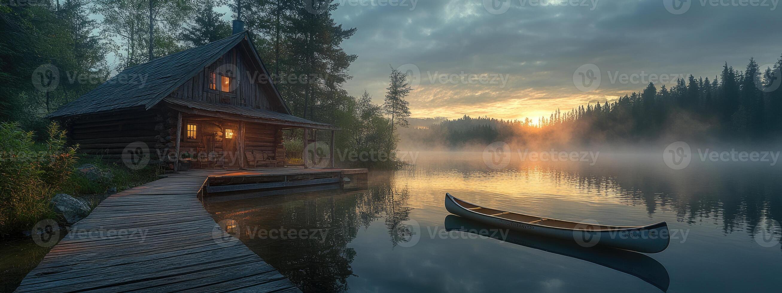 A wooden cabin stands by a peaceful lake during dawn, with warm lights glowing from the windows. A canoe rests quietly on the still waters, surrounded by mist and tall trees under a pastel sky photo