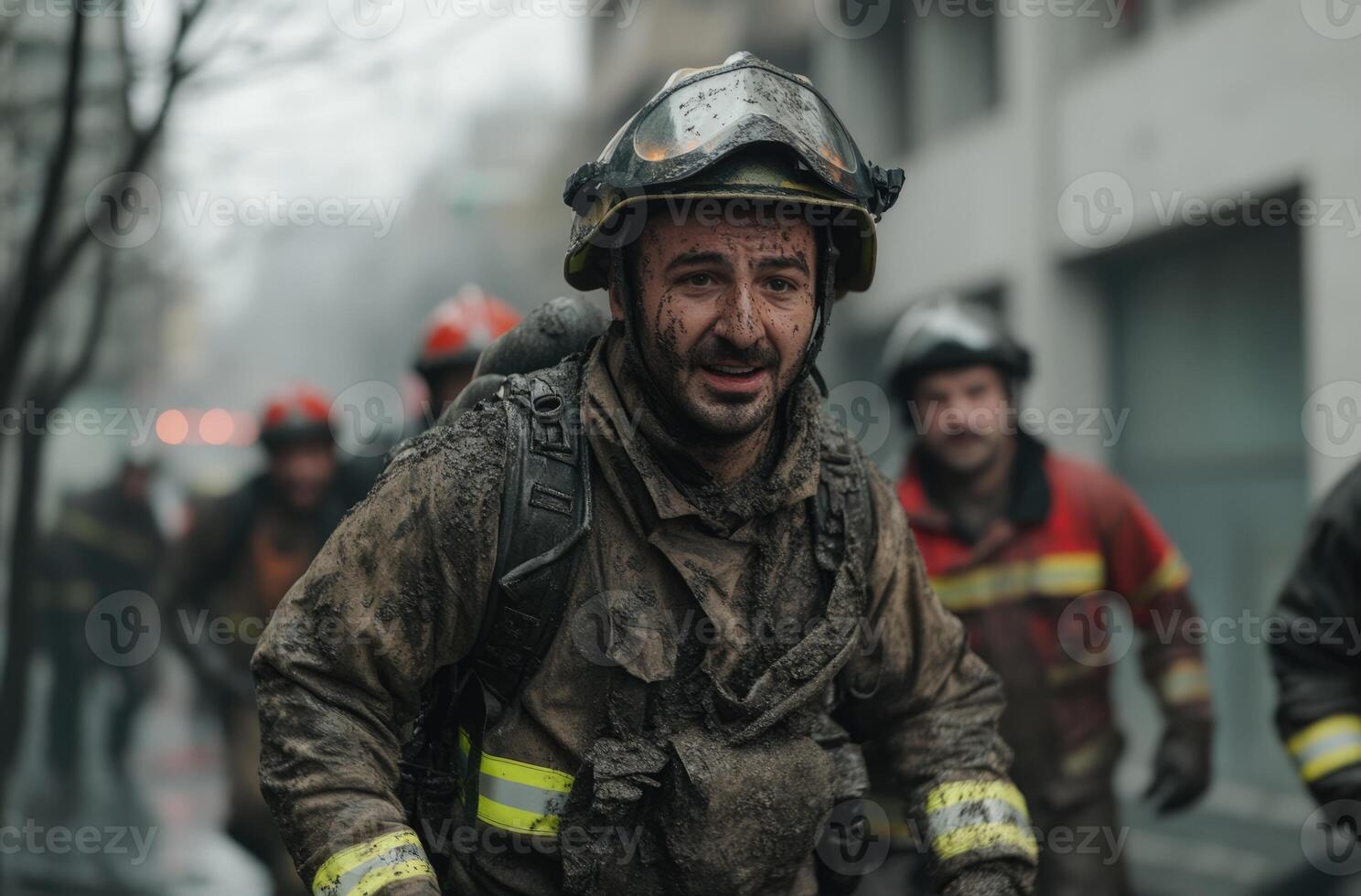 A determined firefighter, covered in soot and grime, navigates through thick smoke in an urban environment. Several team members support this urgent rescue effort, showcasing bravery. photo