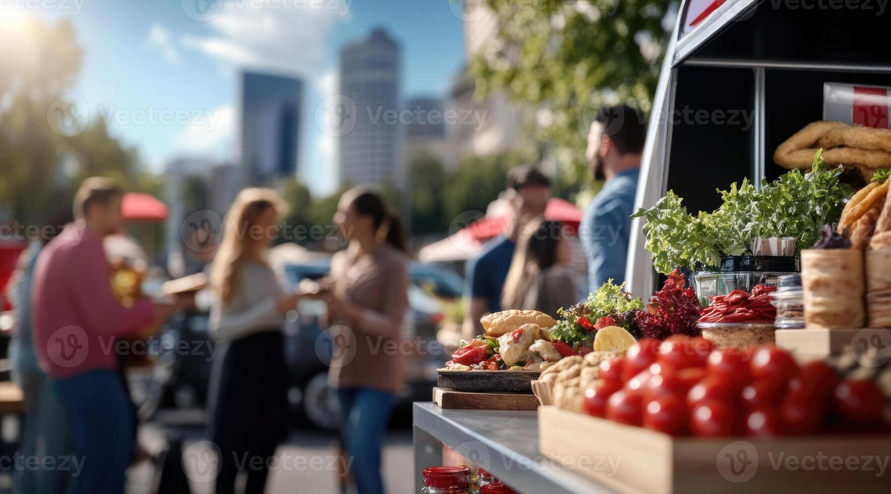 A lively street market features a variety of fresh produce and delicious snacks. People engage in conversations while savoring the vibrant atmosphere and delicious offerings under the warm sun. photo