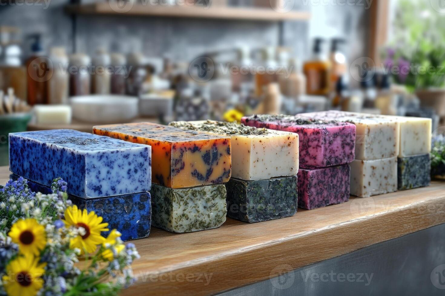 Craftsmen showcase an array of colorful handcrafted soaps on a rustic wooden counter surrounded by decorative plants and natural light. The workshop exudes warmth and creativity photo