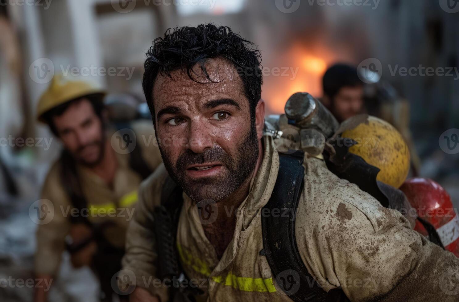 Exhausted firefighters navigate through the debris-filled environment, focused on rescuing survivors while battling the ferocious flames and smoke engulfing the area. photo
