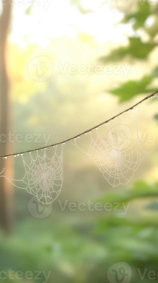 Dew-covered spider webs hang gracefully from a thin line, sparkling in the soft morning light. The surrounding forest creates a tranquil, enchanting atmosphere photo