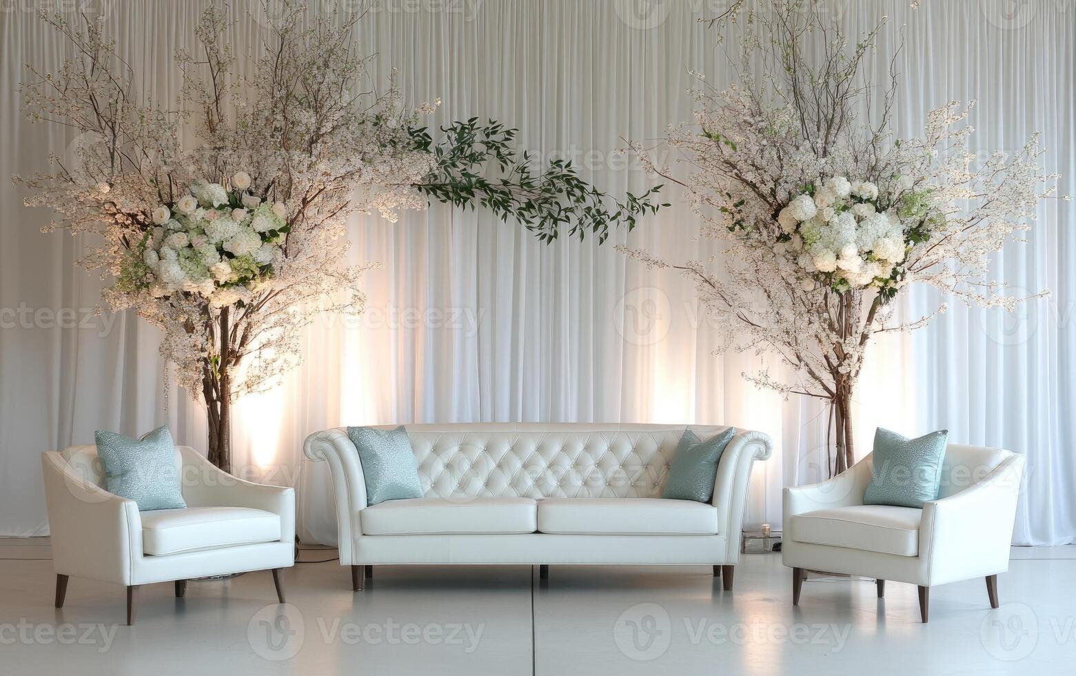 A sophisticated seating arrangement features a white tufted sofa and two matching chairs decorated with soft pillows photo