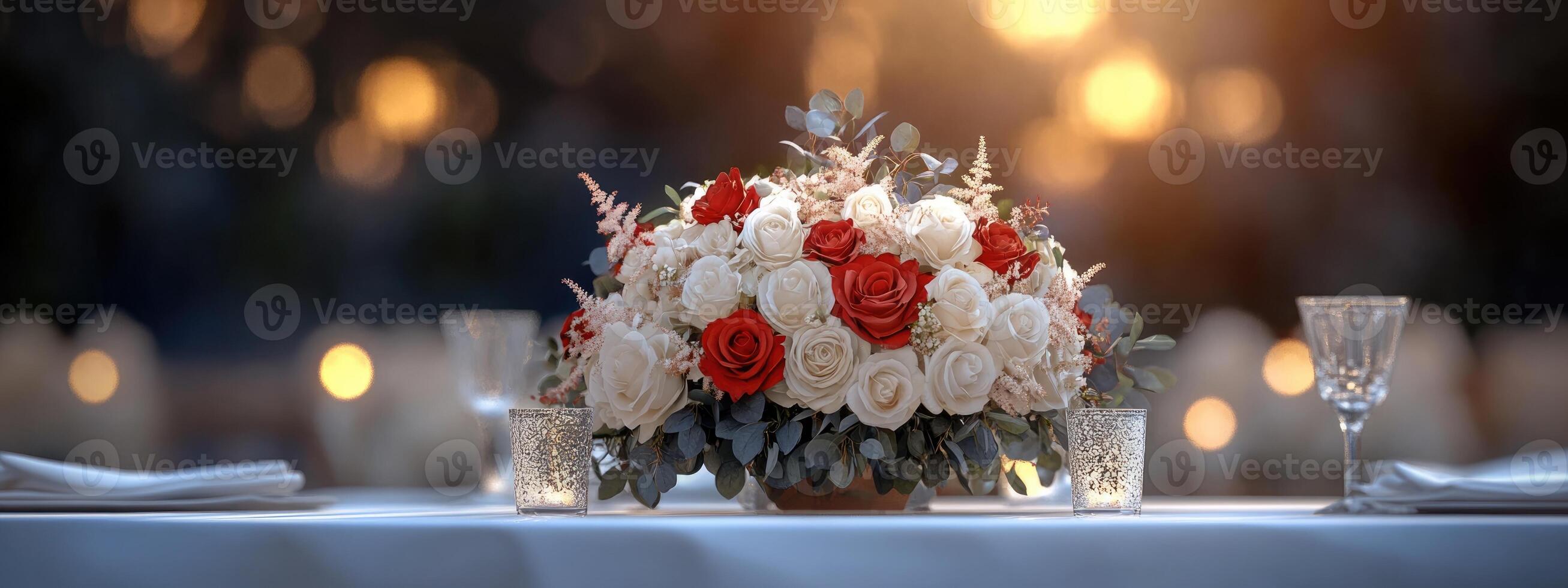 A lush centerpiece featuring red and white roses sits on a beautifully set table. Soft lighting illuminates the surroundings, creating a romantic atmosphere for the evening wedding photo