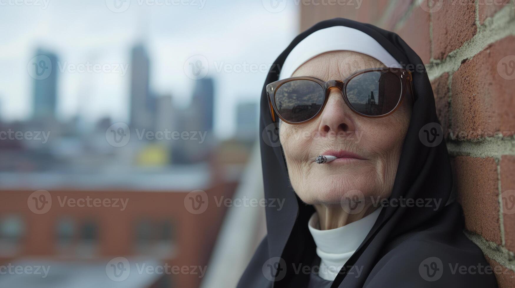 A nun stands confidently by a brick wall, sporting sunglasses and smoking a cigarette, with a bustling city skyline in the background. This juxtaposition captures a blend of tradition and modernity. photo
