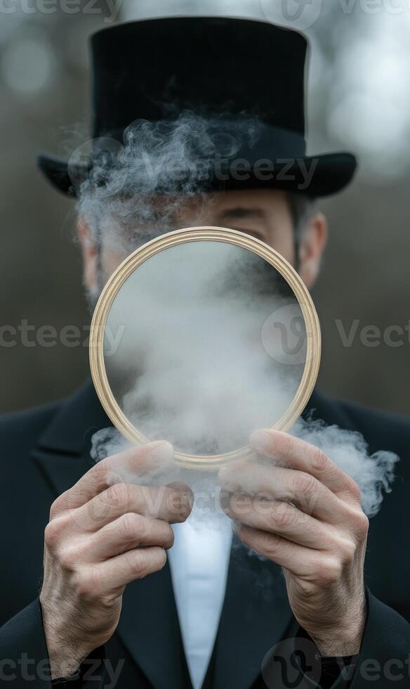 A figure dressed in formal attire stands holding a circular wooden frame, obscured by a cloud of smoke photo