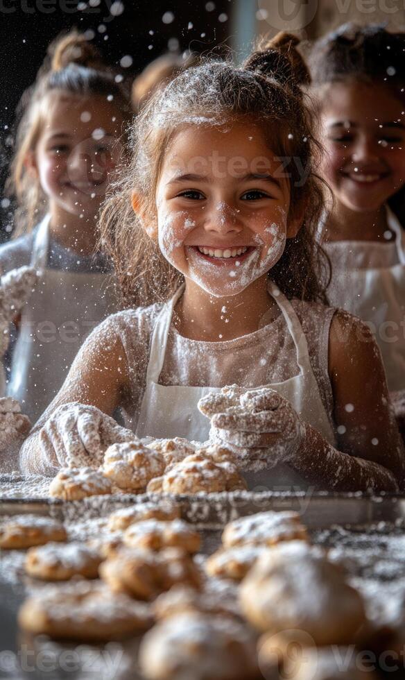 In a bright kitchen, children are happily baking cookies, covered in flour and smiles. The atmosphere is filled with laughter as they create their sweet treats together, showcasing teamwork photo