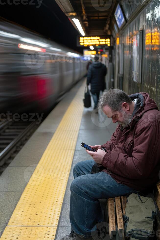 A man sits on a wooden bench at a subway station, intensely using his smartphone while a train rushes by. The atmosphere is busy with other commuters nearby photo