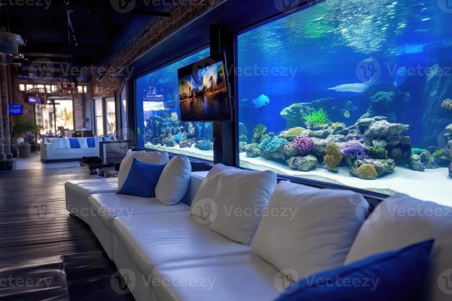 Aquarium luxury - stunning interior design large aquarium in modern luxury home, blending sophisticated architecture, serene aquatic life, sleek furniture to create elegant, tranquil photo