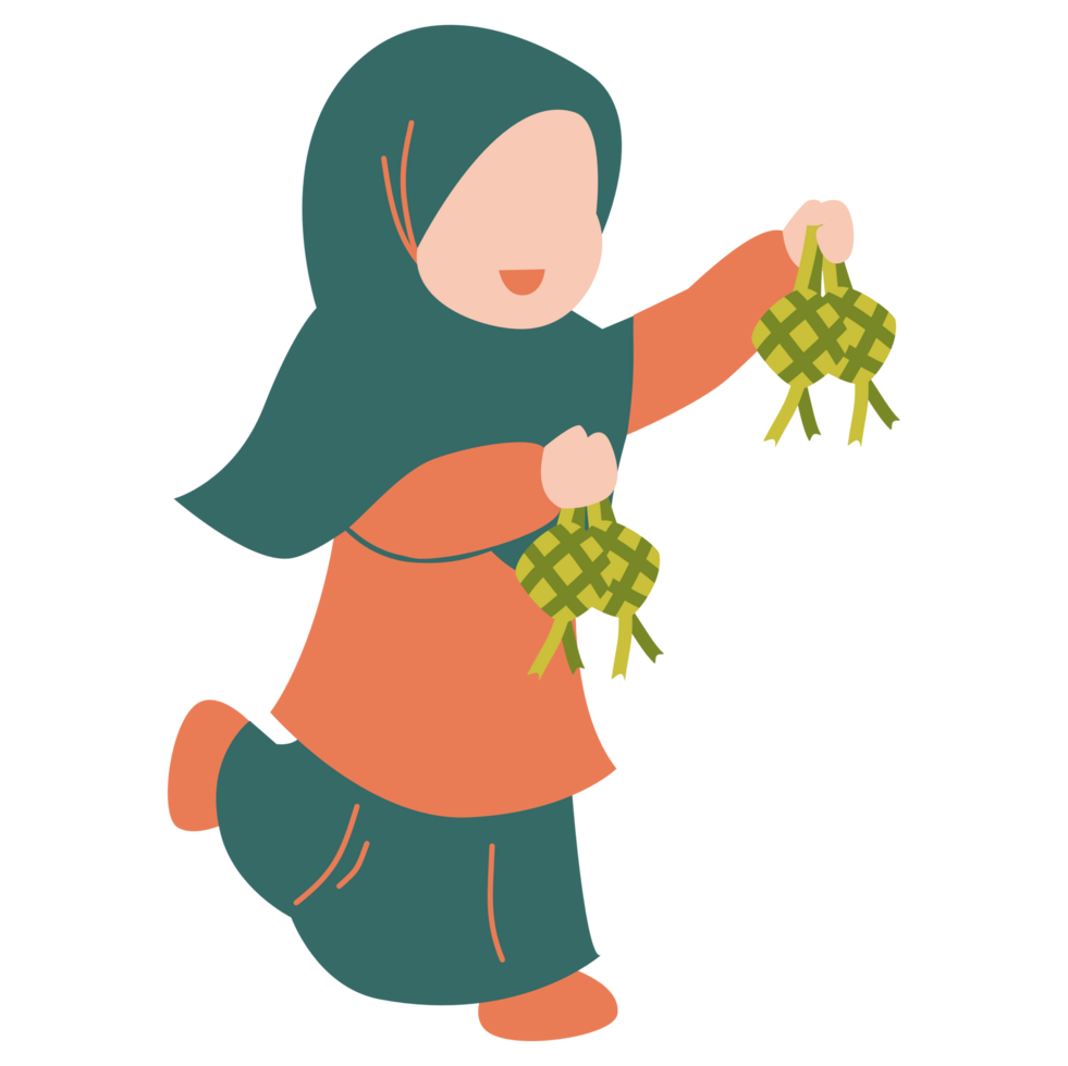 Muslim woman holding ketupat for Eid greeting png