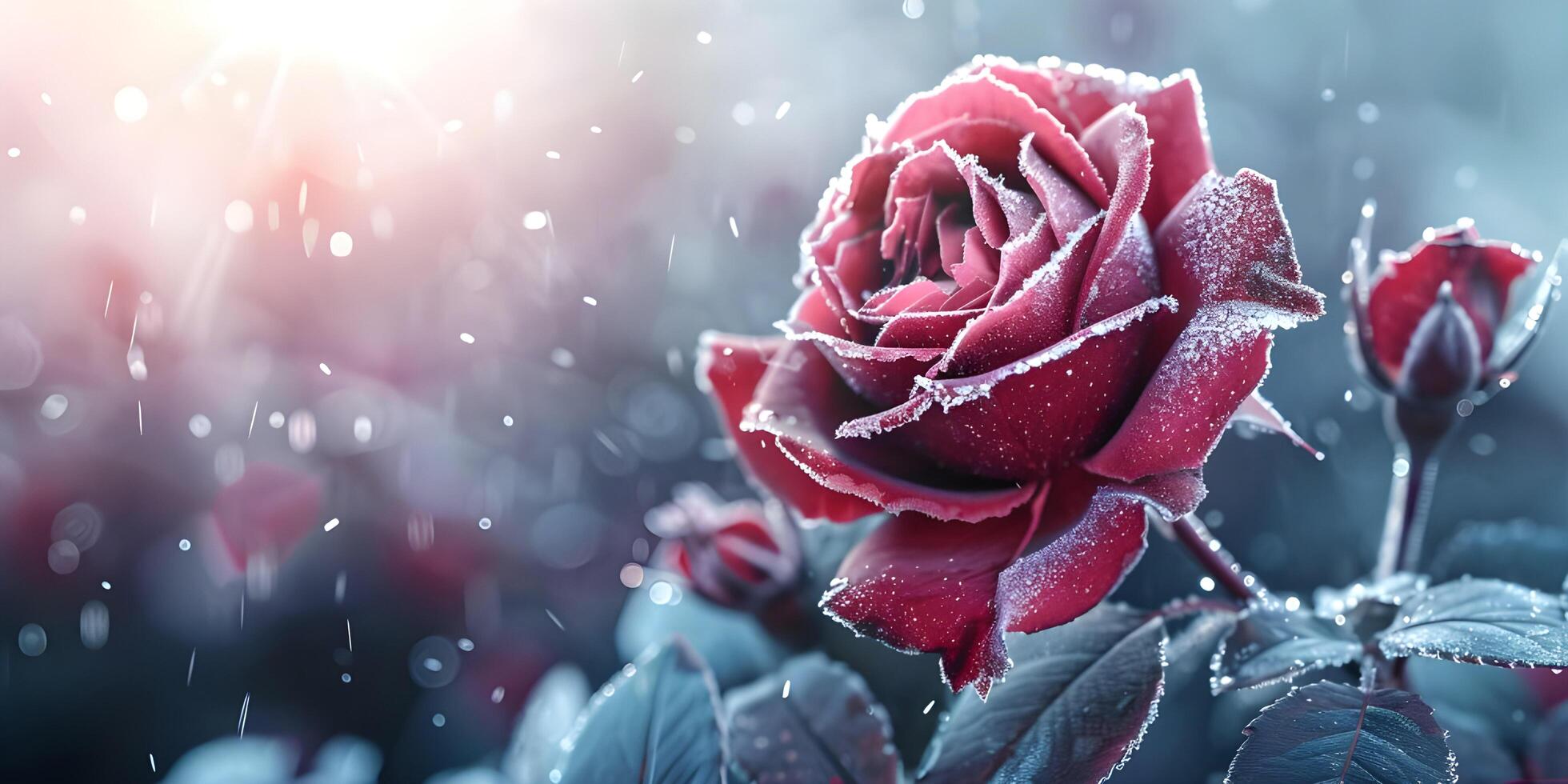 Frosted Red Rose in the Garden Background Winter Season photo