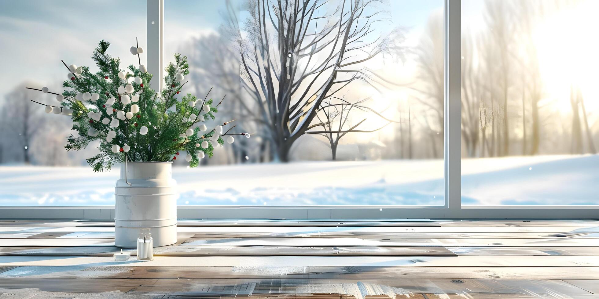 Winter Window View with Empty Table Background photo