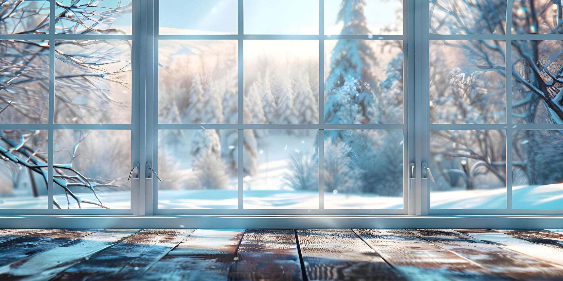 Empty Table with Winter Window Background photo