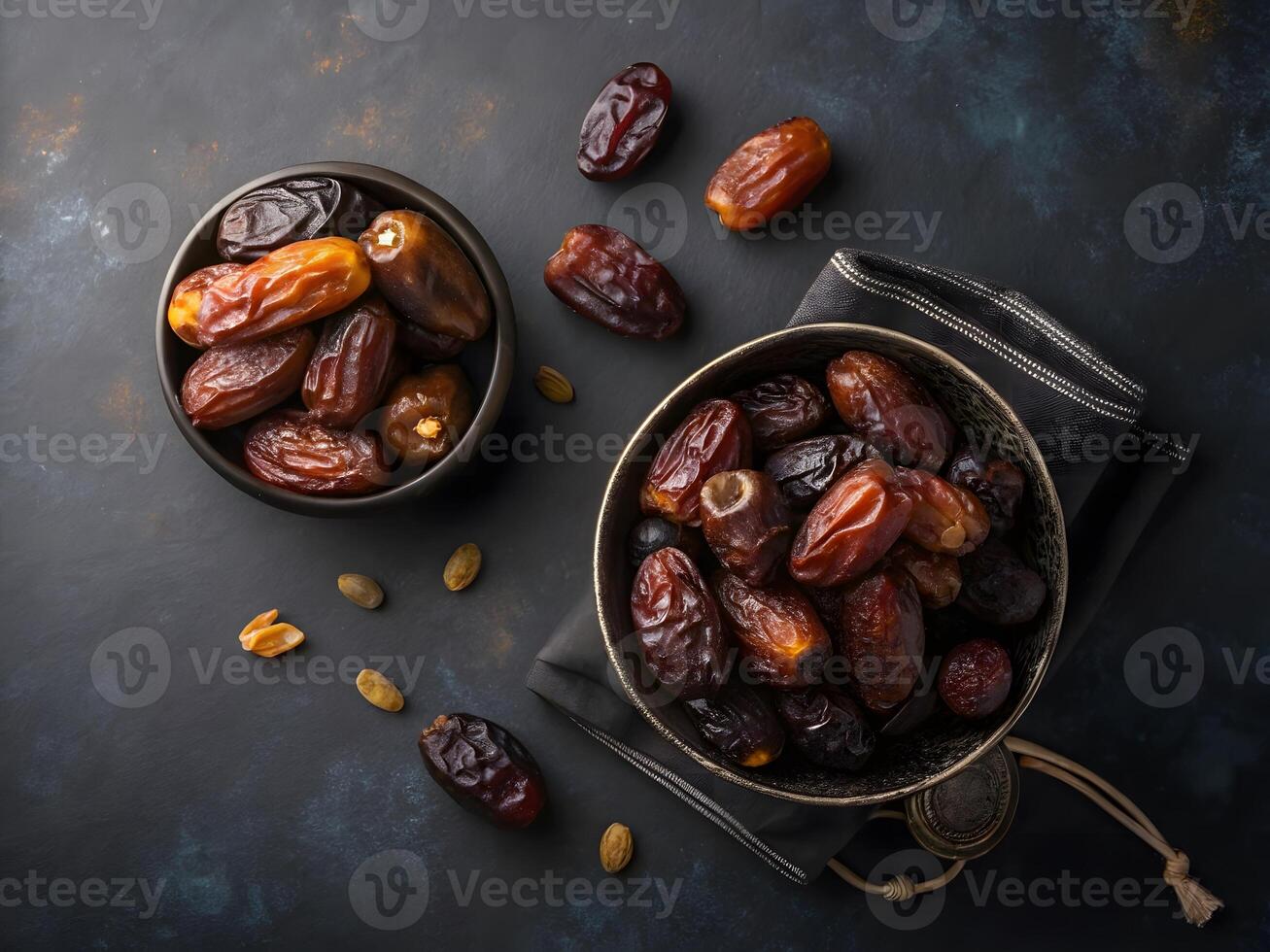 fechas en algunos ollas, algunos fechas alrededor en oscuro antecedentes foto