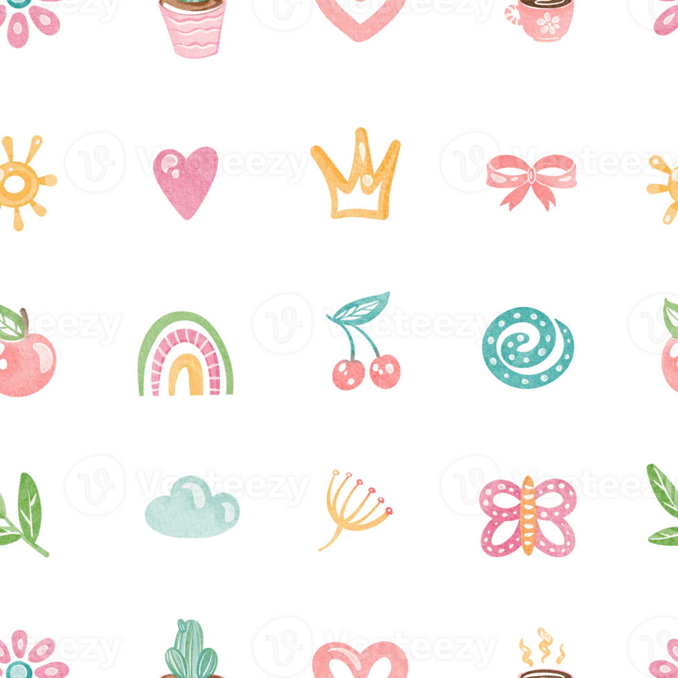 Seamless watercolor pattern with cute rainbow, butterflies, and flowers. Illustration for children's wallpaper or nursery textile design. Retro cartoon ornament for kids' bedding or wrapping paper. png