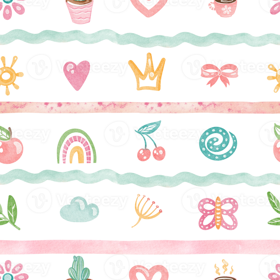 Summer seamless pattern with a playful theme, featuring clouds, hearts, and sun. Doodle art with rainbows, cherries, and flowers. Perfect for a nursery or children room wallpaper. png