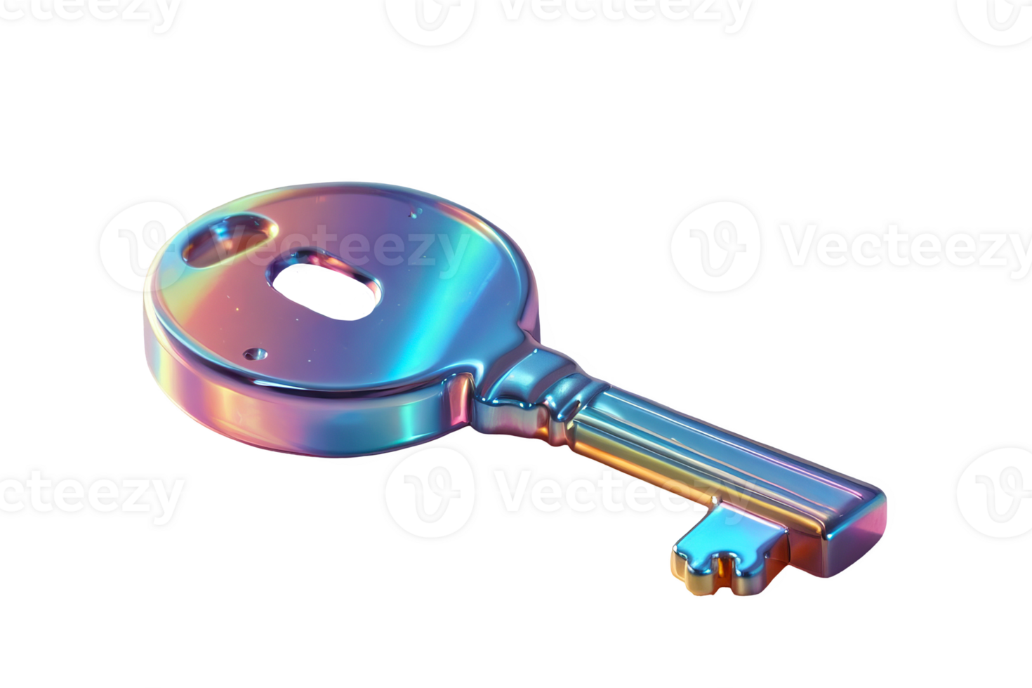 3D chrome element in Y2K style, isolated background, liquid holographic metal. Shiny, rainbow colored key with a hole in the middle, metallic and has a silver handle. png