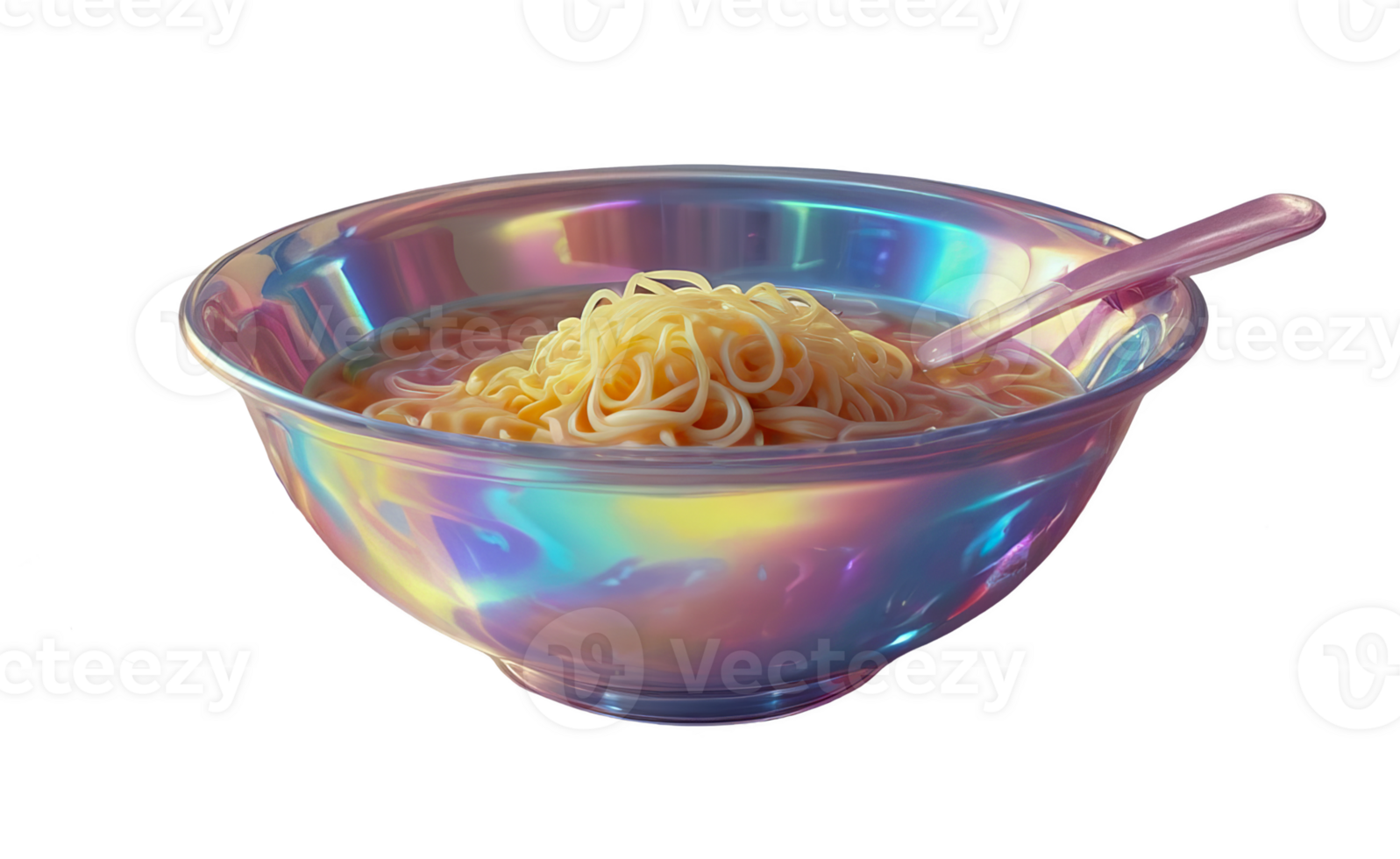 3D chrome element in Y2K style, isolated background, liquid holographic metal. Bowl of noodles with a spoon in it made of a shiny, reflective material. png