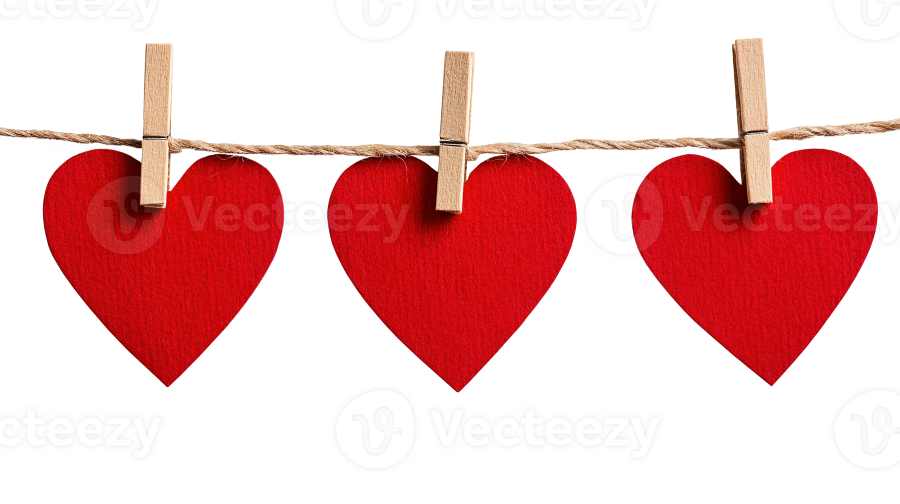 Three textured red paper hearts hanging from rustic rope image isolated transparent. Valentine garland cut out . Handmade decoration cutout element object photography png