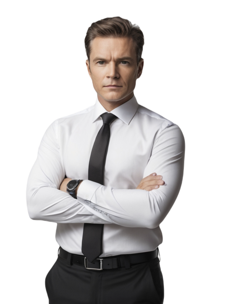 Stylish businessman in black suit and white shirt with a confident pose png