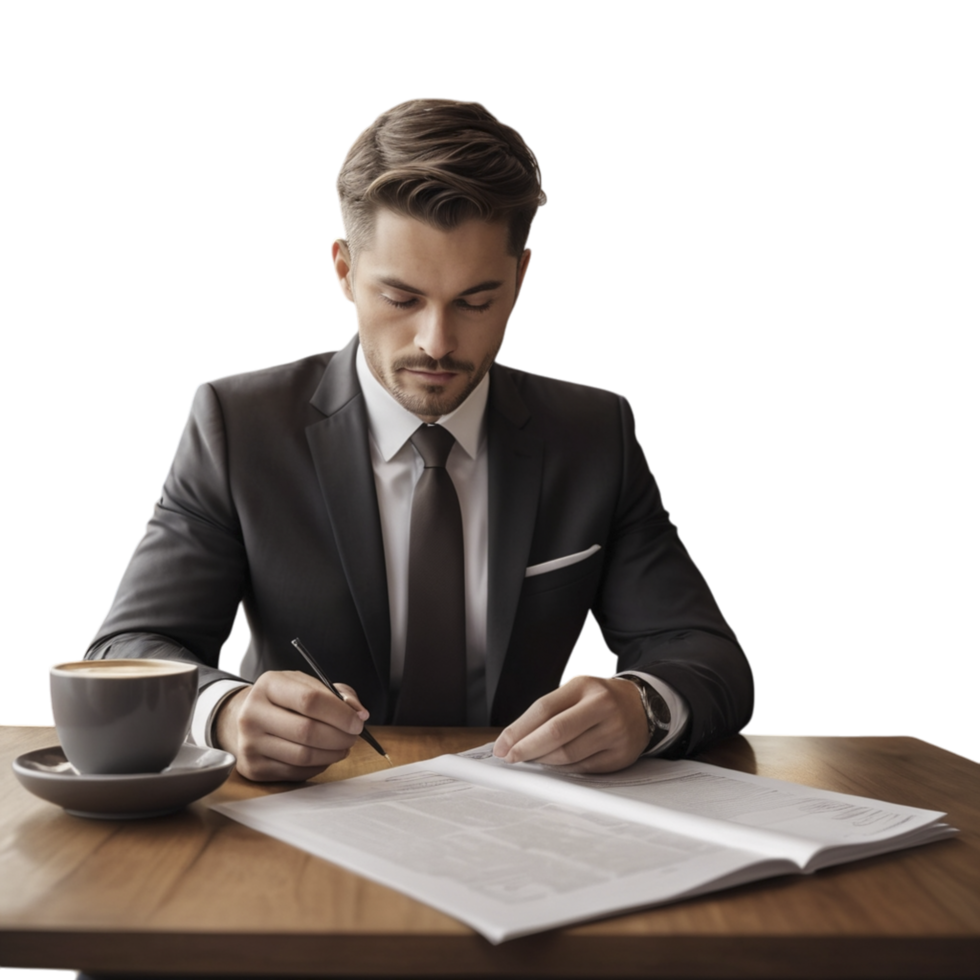 Businessman seated at a wooden desk, dressed in a dark suit png