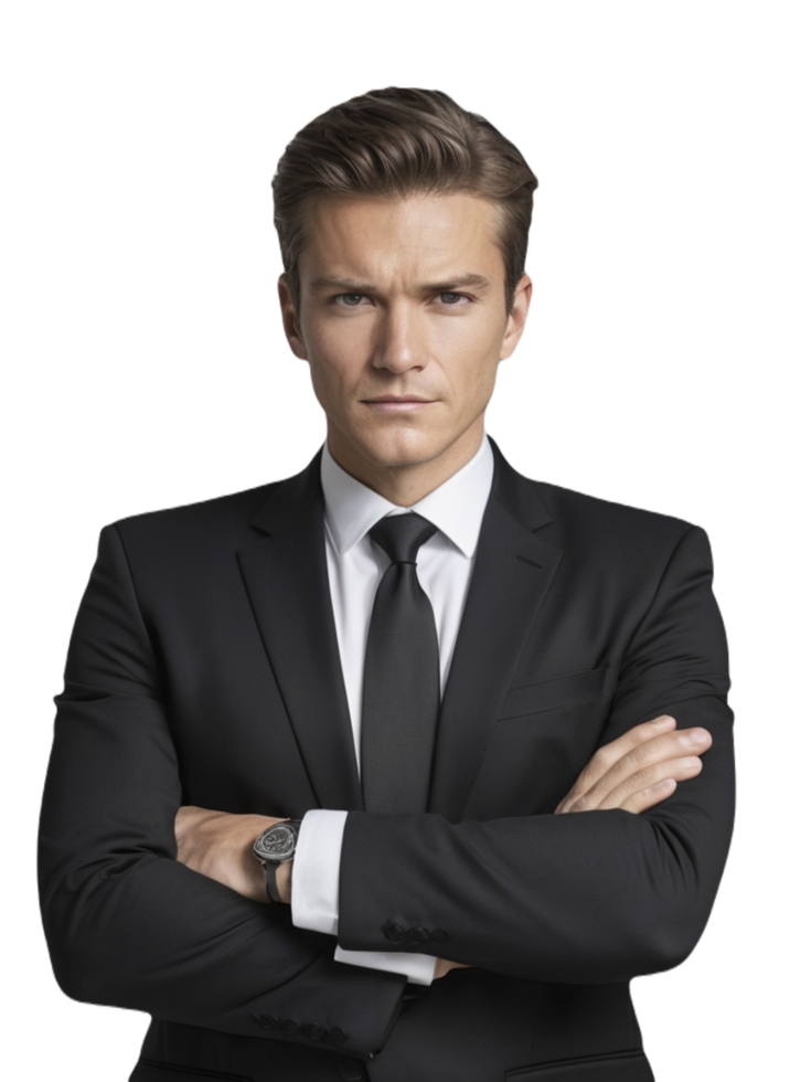 Business professional in a black suit with white shirt standing strong png