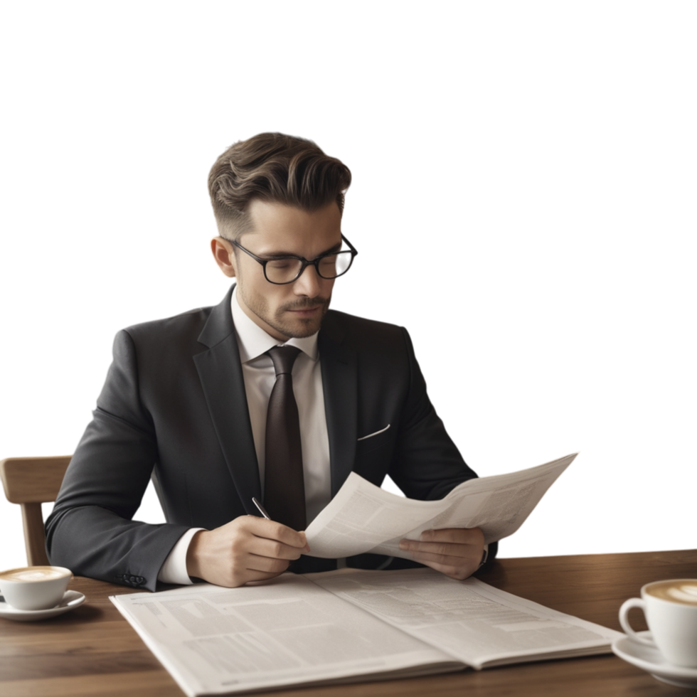 Businessman sitting at a wooden desk in a dark suit png