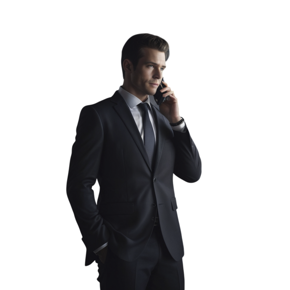 Businessman in a tailored black suit standing with confidence png