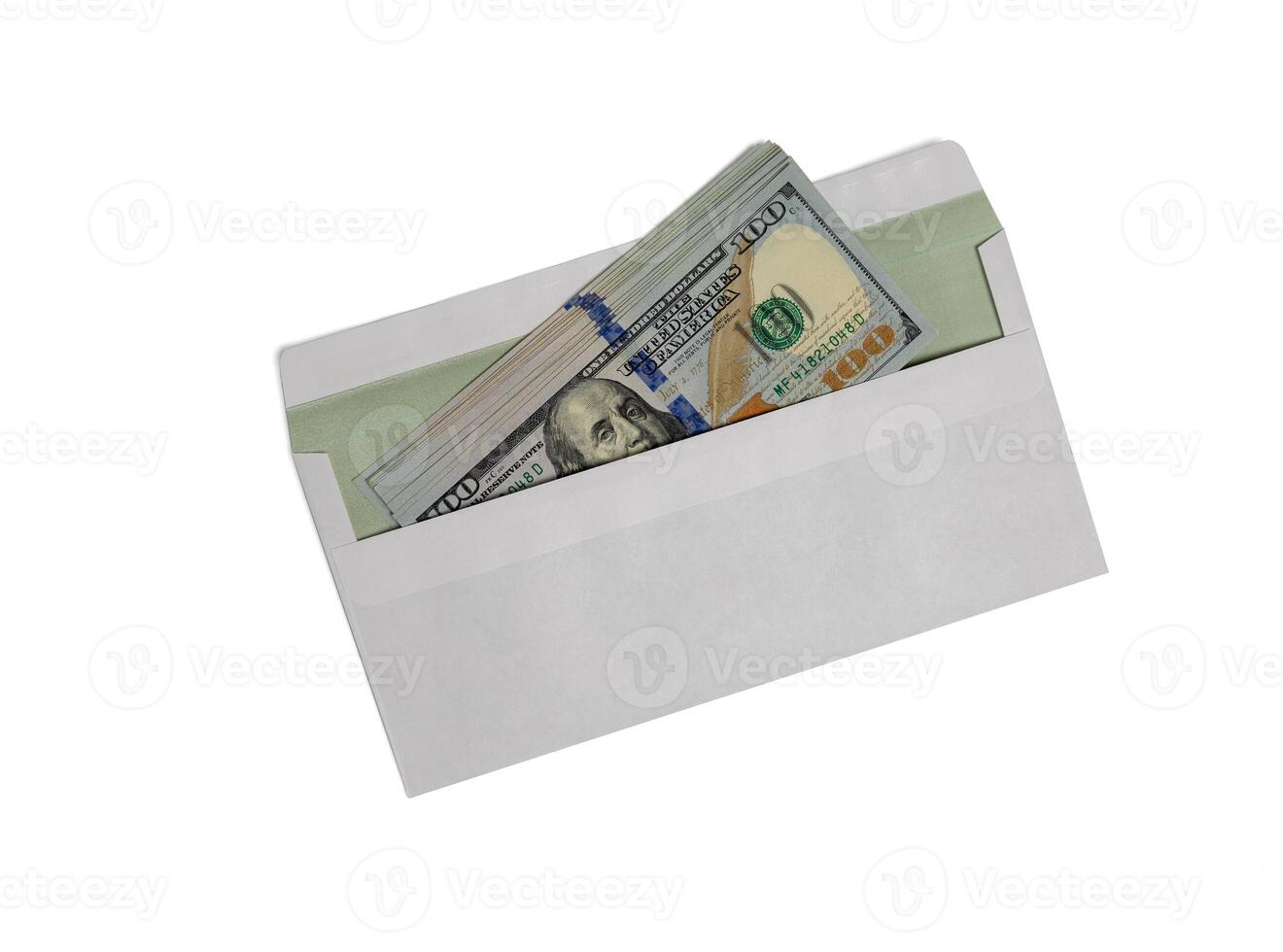 Dollars in a white envelope isolated on white background. 100 bills. photo
