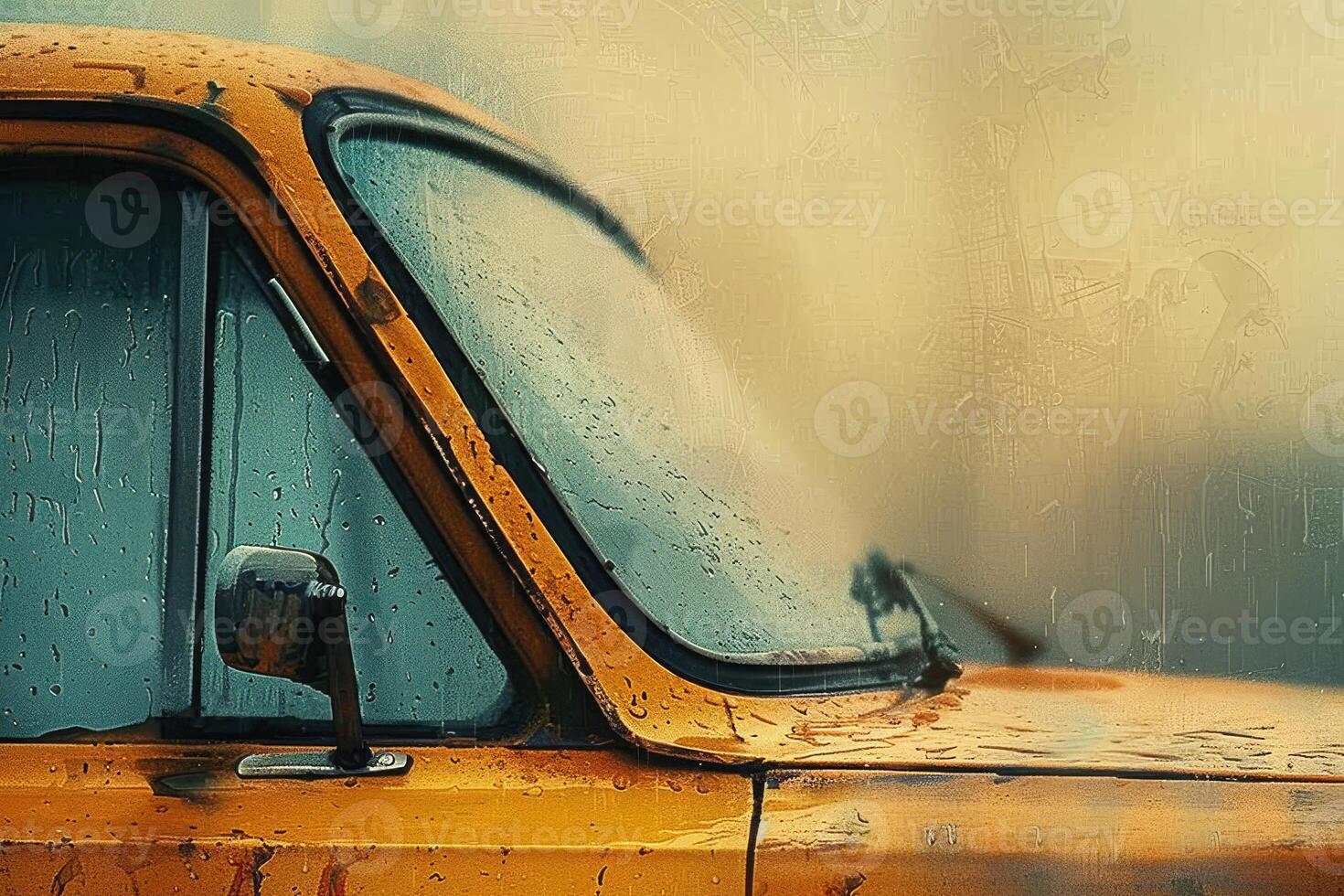 Yellow car in rainy weather with misty background showcasing artistic expression and modern design elements photo