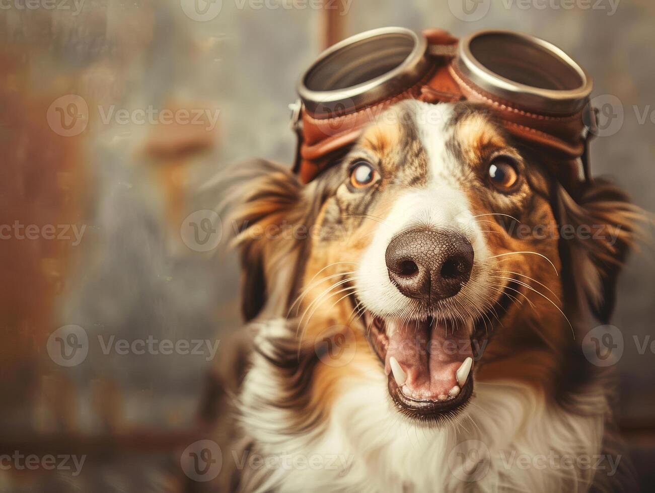 Happy collie dog wearing aviator hat captures joy in a whimsical setting photo