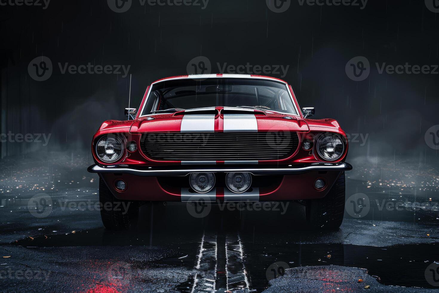 A striking red muscle car exudes power and style under a low light setting. photo