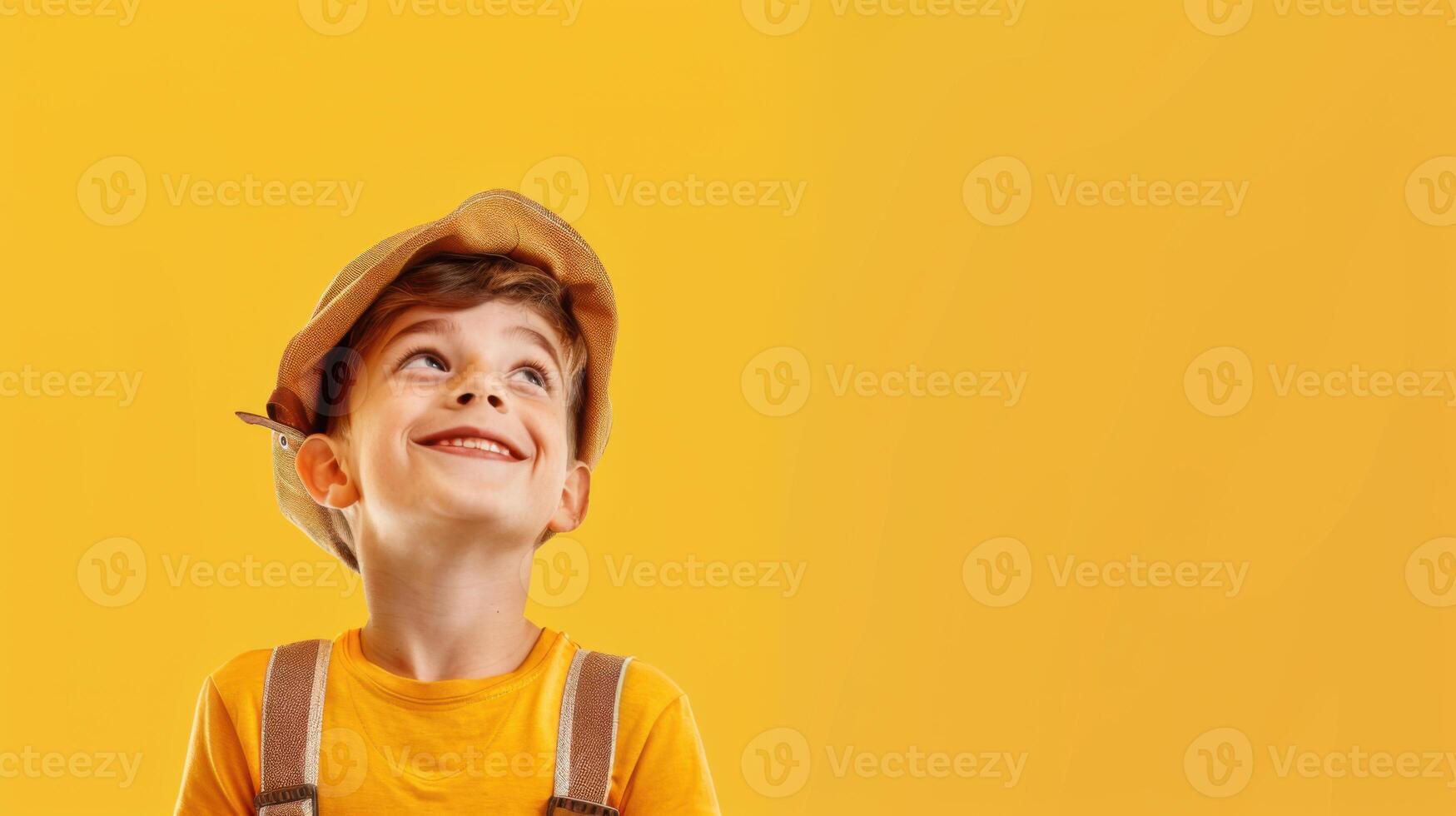Happy boy in a straw hat and plaid shirt smiles brightly on a vibrant yellow background. A playful and colorful tribute to Oktoberfest traditions and youthful joy photo