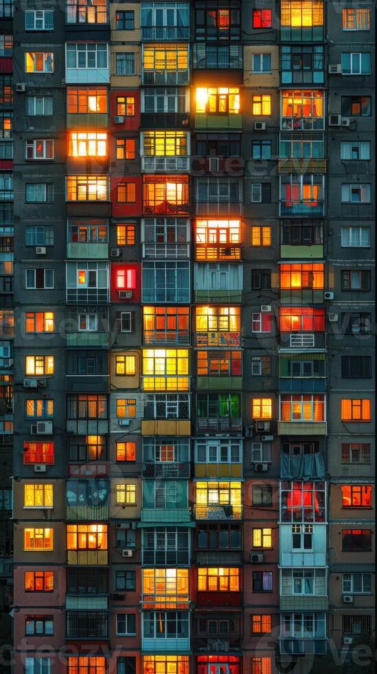 Dramatic red and orange hues illuminate apartment windows at night, showcasing a unique urban perspective. Perfect for capturing the warmth of city evenings photo