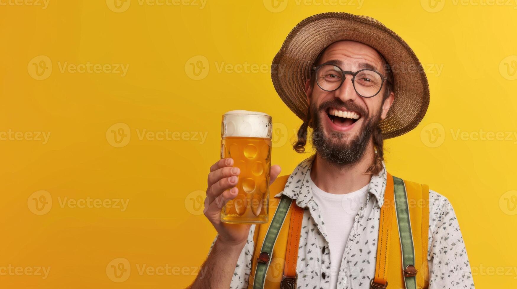 Smiling man in a straw hat and glasses holds a frothy beer mug. Dressed in a casual Oktoberfest outfit, he radiates joy and German cultural pride on a vivid yellow backdrop photo